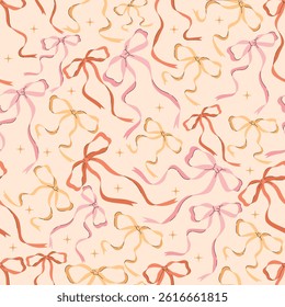Seamless pattern with pink, red, and yellow bows and sparkles. Cute and festive background perfect for wrapping paper, textiles, gifts, or Valentine’s Day designs.