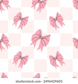 Seamless pattern pink ribbon bow on checkered white-pink background. Vector illustration. Cute coquette trendy patterned drawing