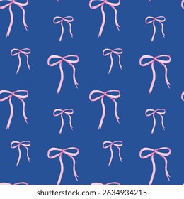 seamless pattern of pink ribbon bow watercolor painting style on dark blue background. suitable for wallpaper, wrapping paper, fabric, print, and any decorative projects.