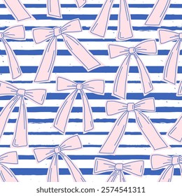 Seamless pattern with pink ribbon bows and blue stripes. Modern hand draw design for a poster, sticker, home decor, wrapping paper, gift, greetings. Fabric textile print. Cute art illustration.