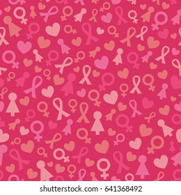 Seamless Pattern with pink ribbon, heart, girl and feminine symbols. Vector pink background for Breast Cancer Awareness Month designs