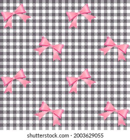 Seamless pattern with pink ribbons lined up on gingham check. Vector illustration.
