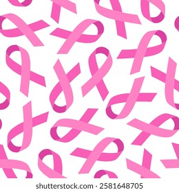 Seamless pattern with Pink ribbons. Symbol of the fight against breast cancer. Vector flat illustration.