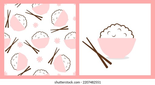 Seamless pattern with pink rice bowl and chopsticks on white background. Rice bowl icon sign on white background vector illustration.