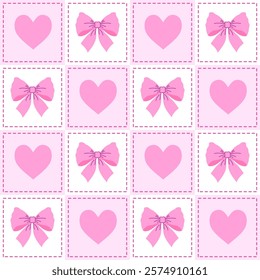 Seamless pattern with pink romantic bows and  pink  hearts on white and pink checkerboard pattern background.