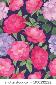 Seamless pattern of pink rose flower and hydrangea background template. Vector set of floral element for wedding invitations, greeting card, brochure, banners and fashion design.