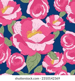 Seamless pattern Pink rose flower with folk art on dark blue background