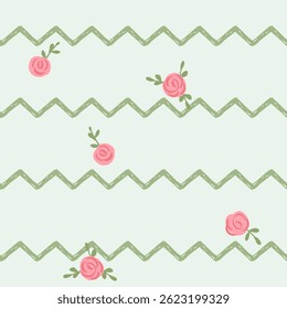 Padrão contínuo com flor rosa rosa e ramos em ziguezague verde vetor de fundo chevron. 