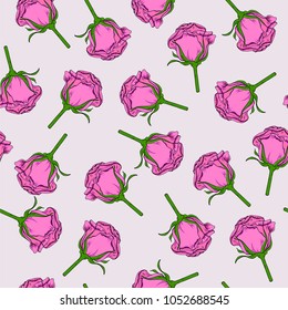 Seamless pattern with pink rose flowers on grey background. Hand drawn vector ilustration.