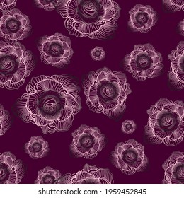 Seamless pattern pink rose flowers on dark abstract bacground. Illustration drawing linear style. Stock vector illustration.