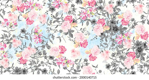 Nahtloses Muster mit rosafarbenen Rosenblumen und Blättern, Blumenmuster in der Wasserfarbe. Liberty-Stil. Blumennaher Hintergrund für Modedrucke. Vintage-Druck. Drucken mit handgezeichnet.
