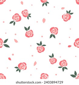 Seamless pattern with pink rose, green leaf and flying petals on white background vector.