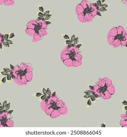 Seamless pattern with pink rose hip flowers. Hand drawn pen and ink illustration on color shape