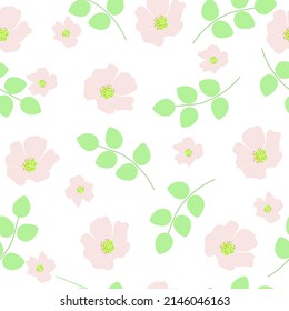 Seamless pattern pink rosehip, leaves on white background. Cute girls floral romantic print. Pretty flowers, green leaf wall paper. Wild rose hip repeat girly elegance ornament, vector design eps 10