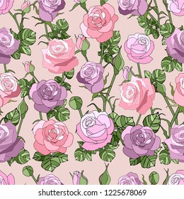 Seamless pattern with pink roses.