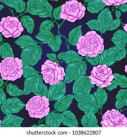 Seamless pattern with pink roses, background on dark blue background. Hand drawn colorful vector illustration.