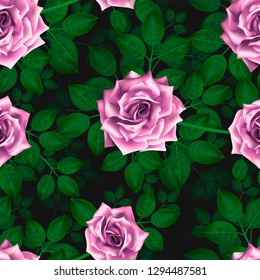 Seamless pattern with pink roses. Beautiful realistic flowers with leaves. Photorealixtic rose bud, clean vector high detailed result.