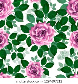 Seamless pattern with pink roses. Beautiful realistic flowers with leaves. Photorealixtic rose bud, clean vector high detailed result.