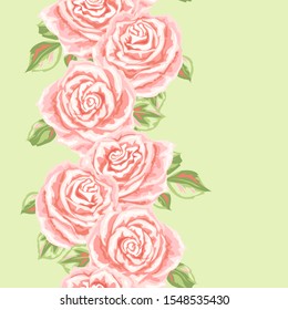 Seamless pattern with pink roses. Beautiful realistic flowers, buds and leaves.