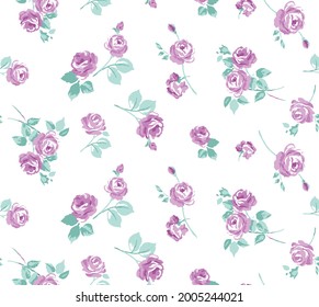 seamless pattern with pink roses branches on a white background. Small flower pattern - seamless background - for textile or book covers, manufacturing, wallpapers, prints, gift wrapping