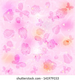 Seamless pattern with pink roses, butterflies and hearts.