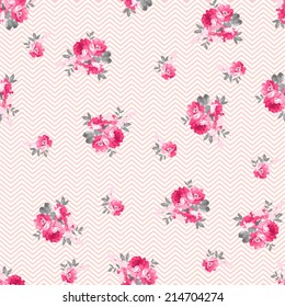 Seamless pattern with pink roses and chevron  Use to create fabric projects or design elements for scrap booking. 