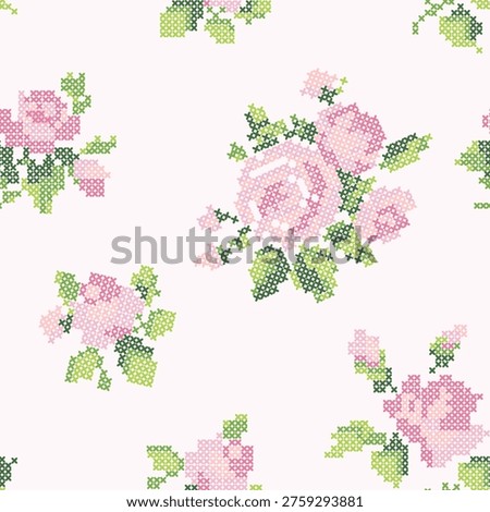 Seamless Pattern Pink Roses Cross Stitch Floral Embroidery Luxury Nursery Soft Baby Background Vector