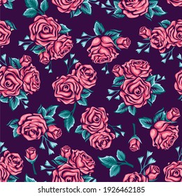 Seamless pattern pink roses in dark background. Vintage floral background. Vector illustration - Vector