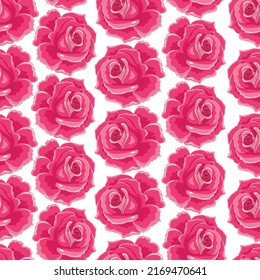 Seamless pattern with pink roses in flat style.Flora in blossom, petals and foliage with buds. Gardening and florist shops assortment.