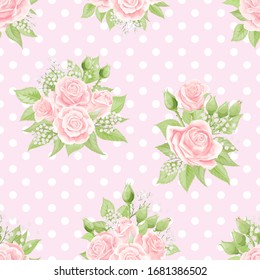 Seamless pattern with pink roses and floral branches on polka dot background. Vector illustration in retro style. Texture for vintage decoration, bedding fabric, textile, dress cloth or linen