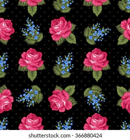 Seamless pattern with pink roses and floral branches on polka dot background. Vector illustration in retro style.