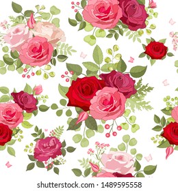 Seamless pattern with pink roses. Flower background. Endless texture for your design, greeting cards, announcements, posters. Natural vector illustration for textile print, wallpaper. Red. 