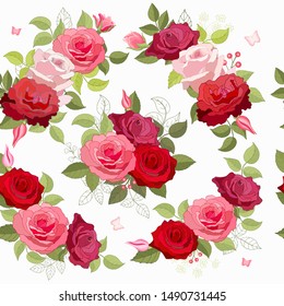 Seamless pattern with pink roses. Flower background. Endless texture for your design, greeting cards, announcements, posters. Natural vector illustration for textile print, wallpaper. Red. 