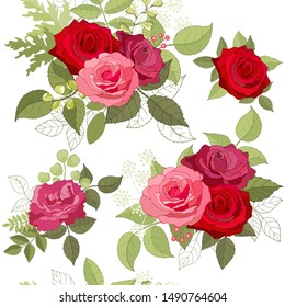 Seamless pattern with pink roses. Flower background. Endless texture for your design, greeting cards, announcements, posters. Natural vector illustration for textile print, wallpaper. Red. 