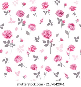 Seamless pattern with pink roses. Flower background. Endless texture for your design, greeting cards, announcements, posters. Natural vector illustration for textile print, wallpaper. Hand-drawn. 