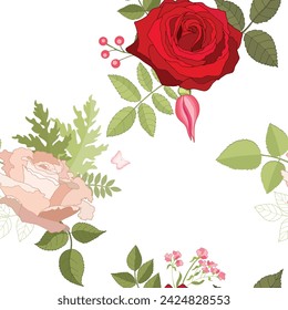 Seamless pattern with pink roses. Flower background. Endless texture for your design, greeting cards, announcements, posters. Natural vector illustration for textile print, wallpaper. Red. 