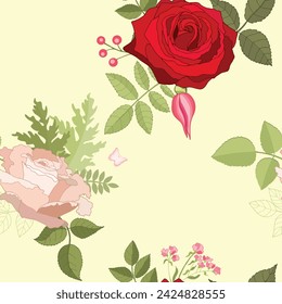 Seamless pattern with pink roses. Flower background. Endless texture for your design, greeting cards, announcements, posters. Natural vector illustration for textile print, wallpaper. Red. 