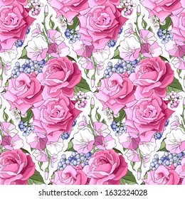 Seamless pattern with pink roses. Flowers, leaves on white background. Abstract monochrome pattern illustration in floral style. Idea for material, scarf, fabric, textile, wallpaper, wrapping paper