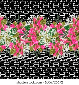 Seamless pattern with pink roses and geometric texture. Flower background for textile, cover, wallpaper, gift packaging, printing.Romantic monochrome design for calico, silk.