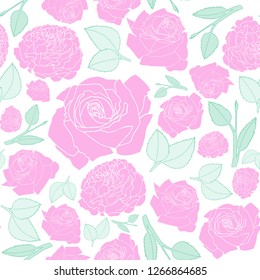 Seamless pattern with pink roses and green stems and leaves. Vector floral background with. Pastel colors