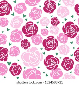 Seamless pattern. Pink roses and green hearts on a white background. Vector illustration