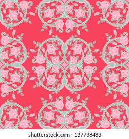seamless pattern with pink roses and green leaves. vector illustration 