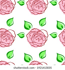 Patrón sin foco con rosas rosadas, hojas verdes. Dibujar flor a mano. Estilo de pincel de línea. Fondo vectorial. Para embalajes, tejidos, diseño de envases, papel tapizado, papel de vestir, papel digital