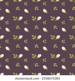 Seamless pattern of pink roses and green leaves on dark purple background.