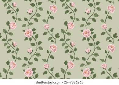 Seamless pattern of pink roses and green leaves on a muted background
