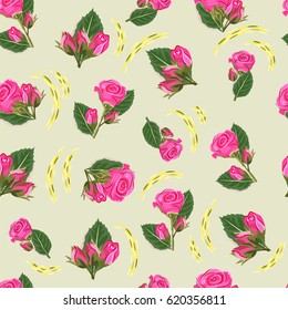 Seamless pattern with pink roses. Hand-drawn floral background for printing on fabric, clothing, home textiles, wallpaper, gift wrapping. Romantic design.
