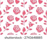 Seamless pattern of pink roses and hearts white background for romantic