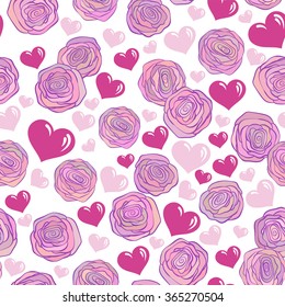 Seamless pattern with pink roses, hearts,on white background. Perfect for valentine s day decoration