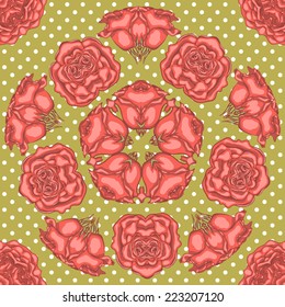 Seamless pattern of pink roses with a kaleidoscope effect