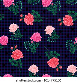 Seamless pattern with pink  roses and leaves on a dark background.Geometric and floral ornament. Summer Vector illustration.Print for book covers,textile,fabric,wrapping paper,scrapbooking.